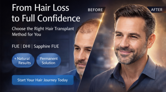 Before and after hair transplant results showing male hair restoration using FUE, DHI and Sapphire FUE techniques for natural permanent hair regrowth
