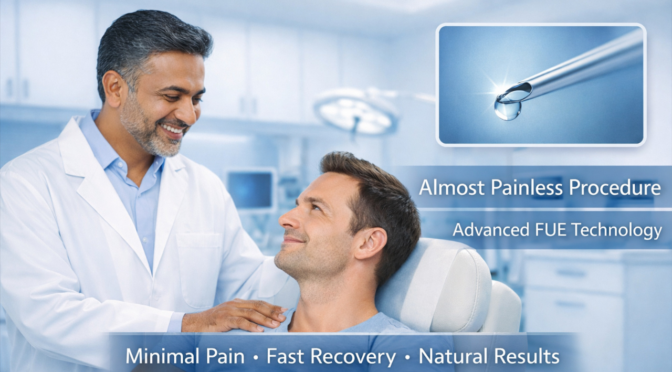 Hair transplant consultation with doctor and patient highlighting advanced FUE technology and almost painless procedure